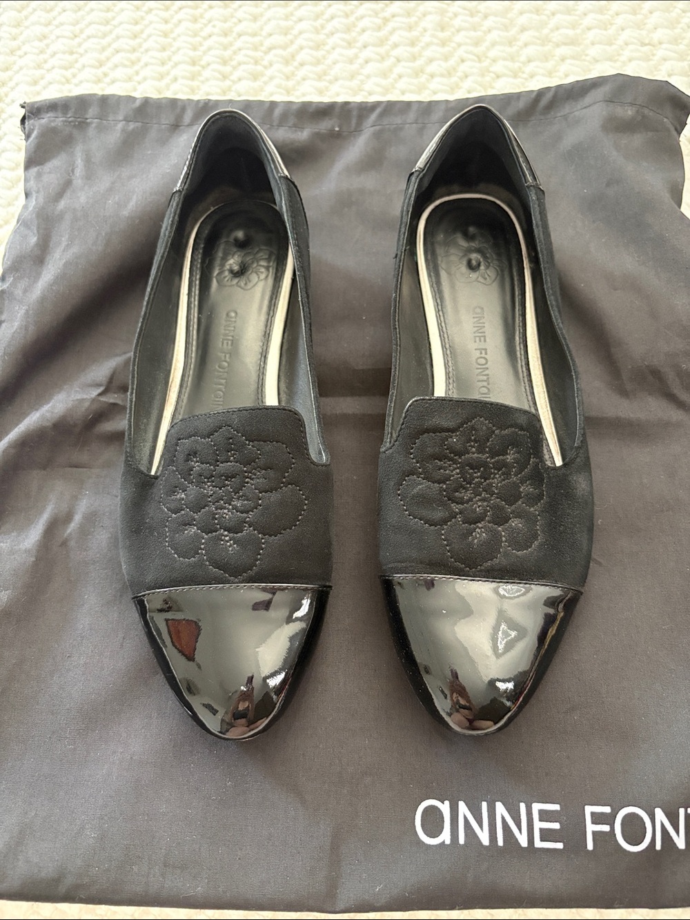 Anne Fontaine Black Suede Flats with Patent Cap Toe and Floral Stitching 8